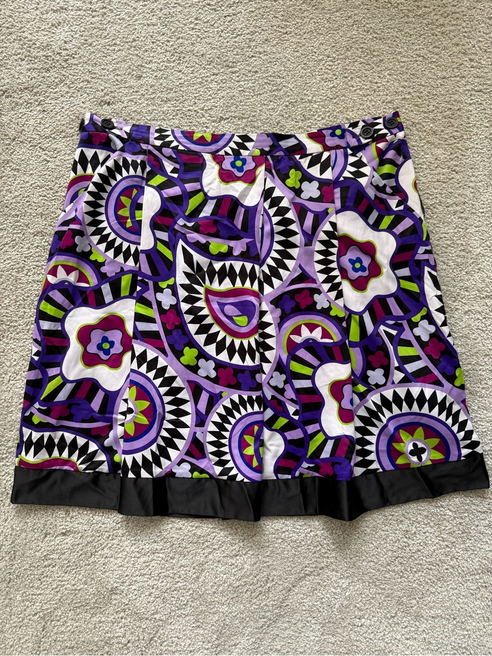 ECI Purple, Black & White Graphic A-Line Skirt with Green Accents